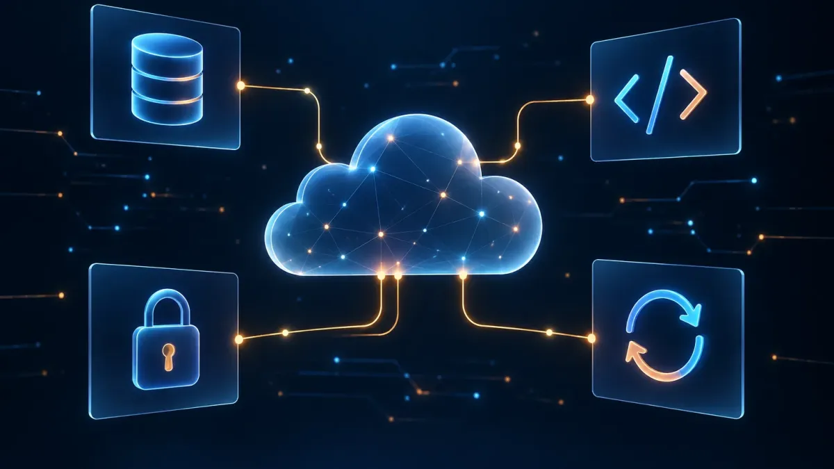 Digital cloud linked to database, code, security and synchronization icons