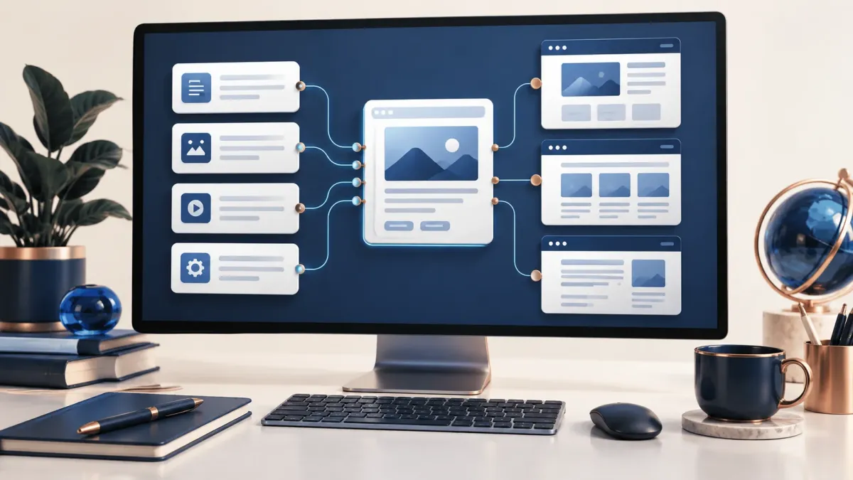 Content model cards and connected fields on a desktop monitor