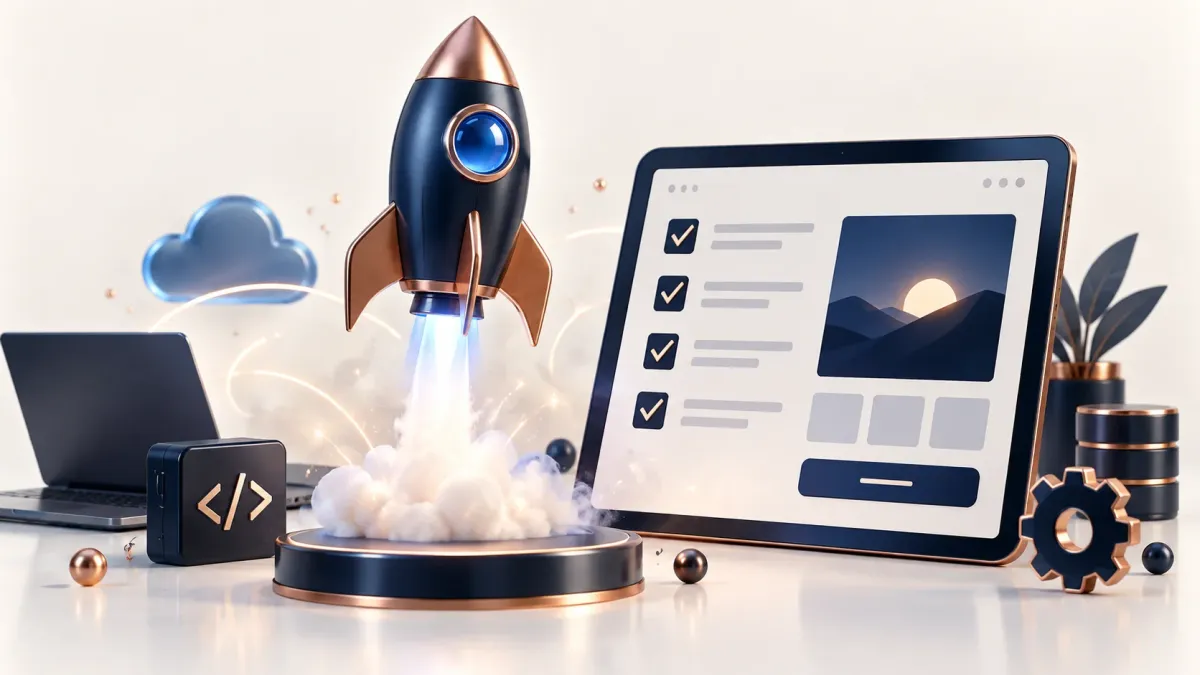 Rocket beside a website launch checklist
