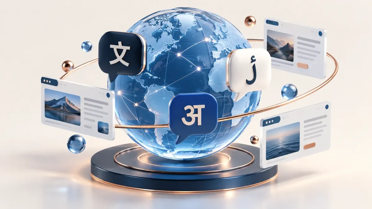 Globe surrounded by translation bubbles and website content cards