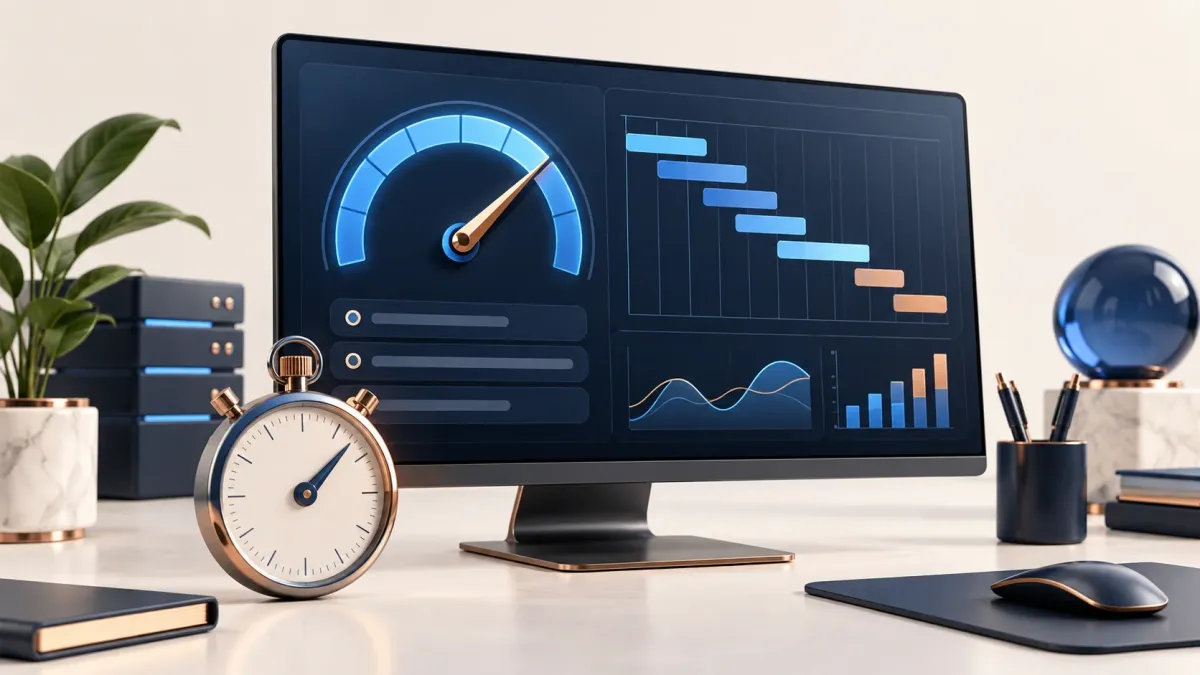 Website performance dashboard with a stopwatch and loading-time charts
