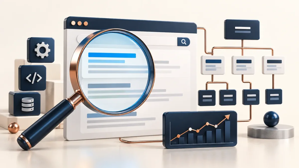 Search results interface with a magnifying glass and connected sitemap