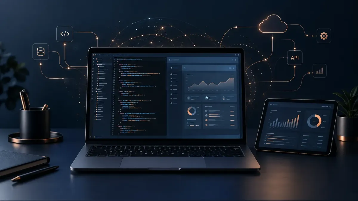 Software development laptop and tablet connected to cloud and API services