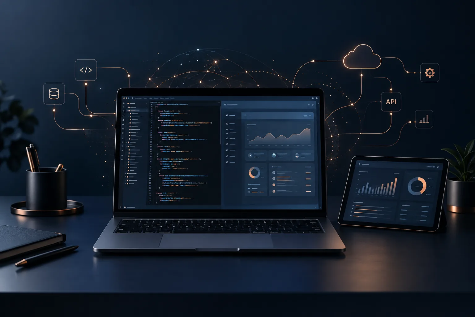 Software development laptop and tablet connected to cloud and API services